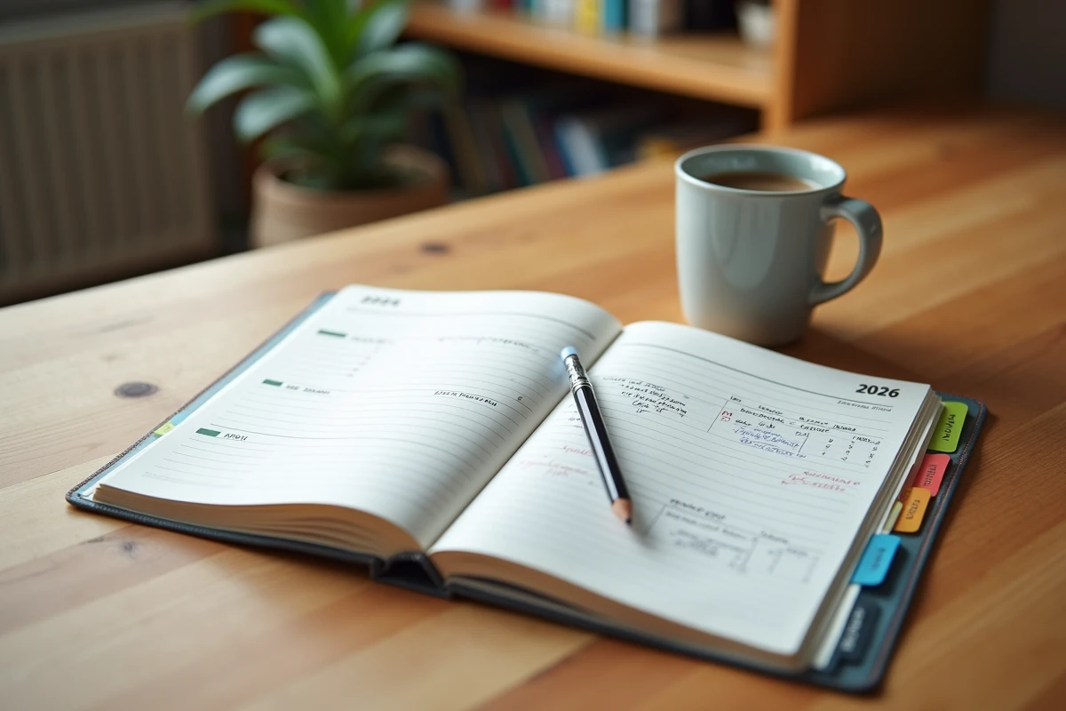 Gros plan d'un agenda 2026 ouvert avec annotations manuscrites et onglets colorés sur un bureau en bois
