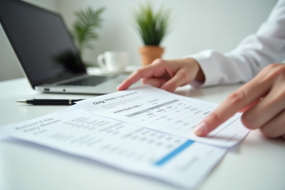 Gros plan de mains comparant une fiche de paie et un calcul manuscrit pour vérifier l'indemnité de CDD