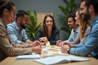 Groupe divers en brainstorming dans un bureau moderne