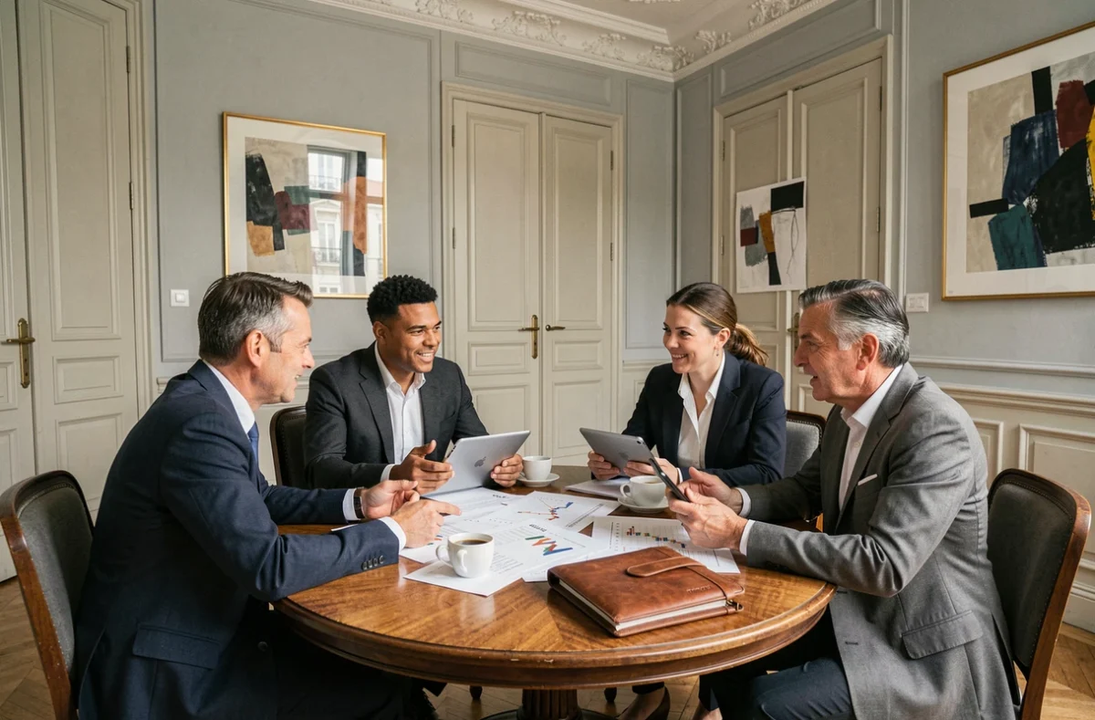 Groupe de business angels en réunion de négociation dans une salle de réunion haussmannienne à Paris