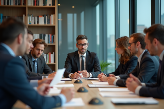 Groupe d'adultes en réunion de travail en bureau moderne