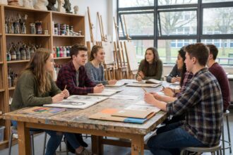 Groupe d'étudiants en atelier d'art en discussion