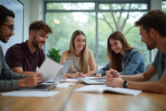 Groupe de jeunes adultes discutant avec ordinateurs et brochures
