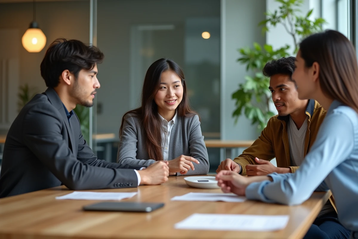 Groupe de jeunes adultes discutant d un prototype innovant