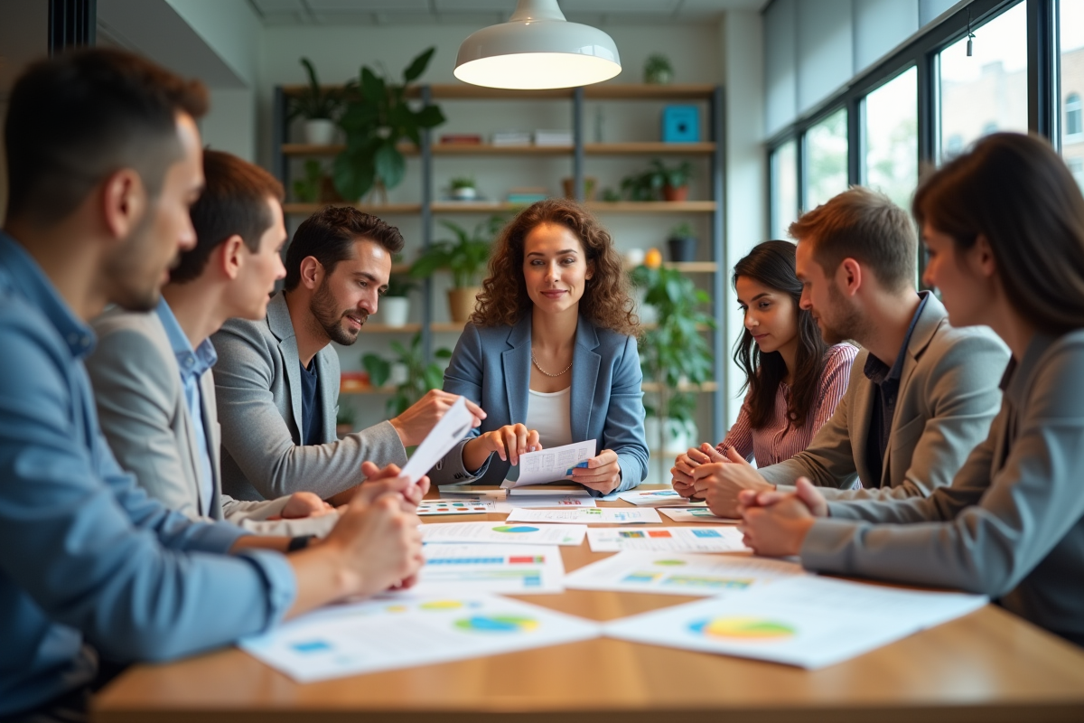 Groupe diversifié en réunion avec outils de sensibilisation