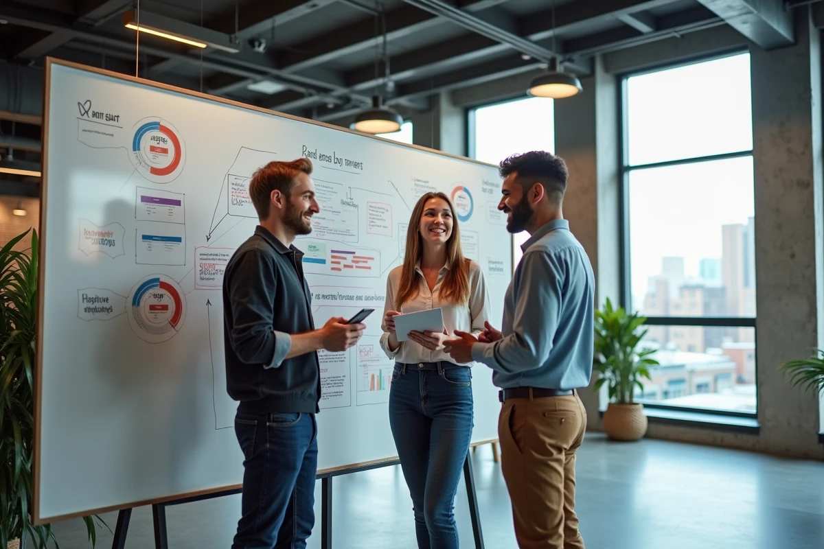 Groupe de jeunes entrepreneurs discutant devant un tableau blanc