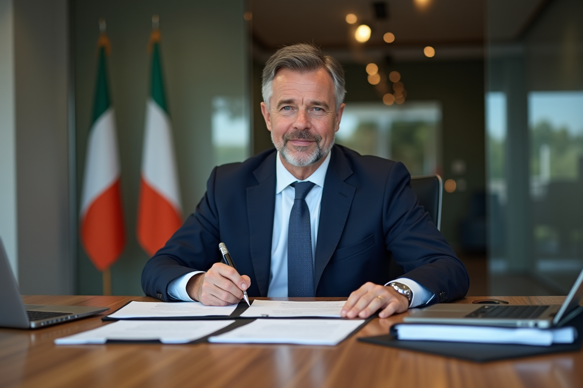 Homme d'affaires irlandais en costume signant des papiers