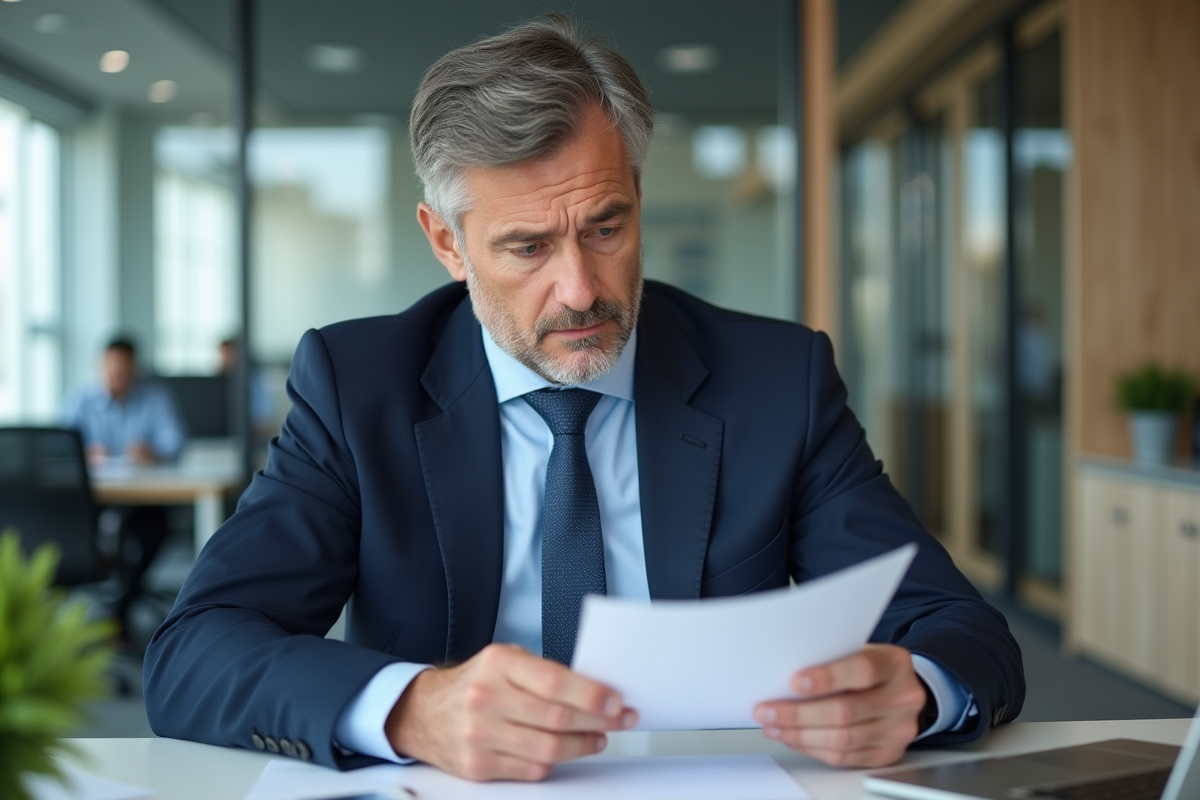 Homme d'affaires en costume lisant un document dans un bureau