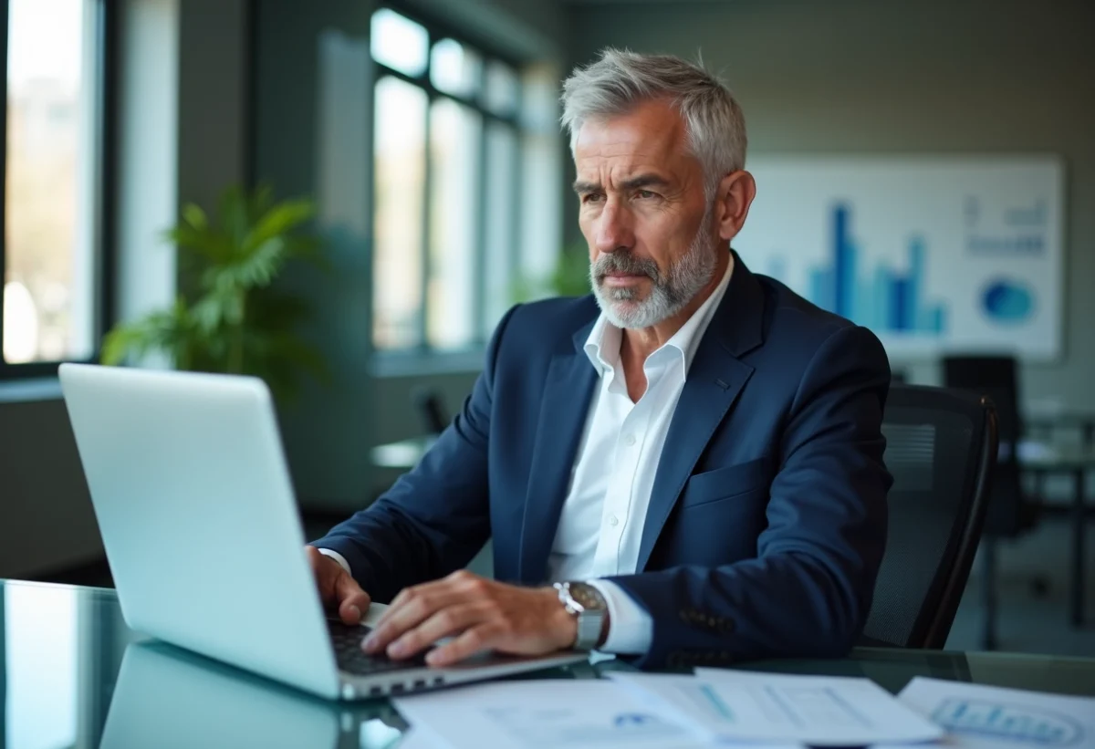 Homme d'affaires en costume navy travaillant sur son ordinateur