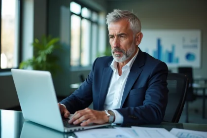 Homme d'affaires en costume navy travaillant sur son ordinateur