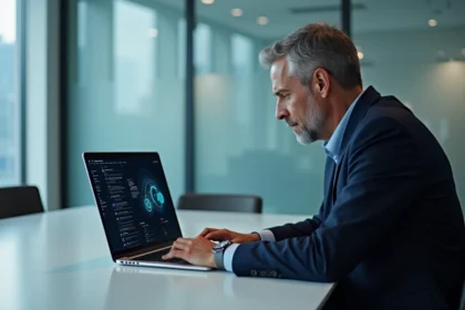 Homme d'affaires en costume analysant un ordinateur avec diagrammes