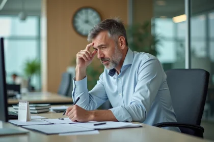 Homme d'affaires en bureau regardant l'horloge