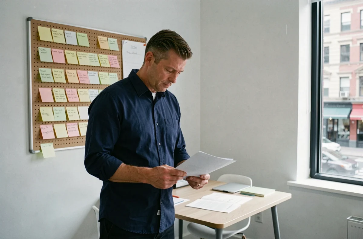 Homme debout dans un petit espace de coworking minimaliste en train d'analyser des documents imprimés