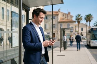 Homme en blazer navy à Toulon vérifiant son téléphone