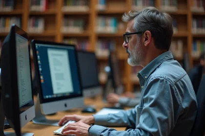 Homme d'âge moyen se connectant à BergerLevrault à la bibliothèque