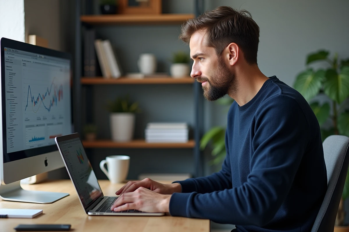 Homme concentré analysant un diagramme backlink dans son bureau