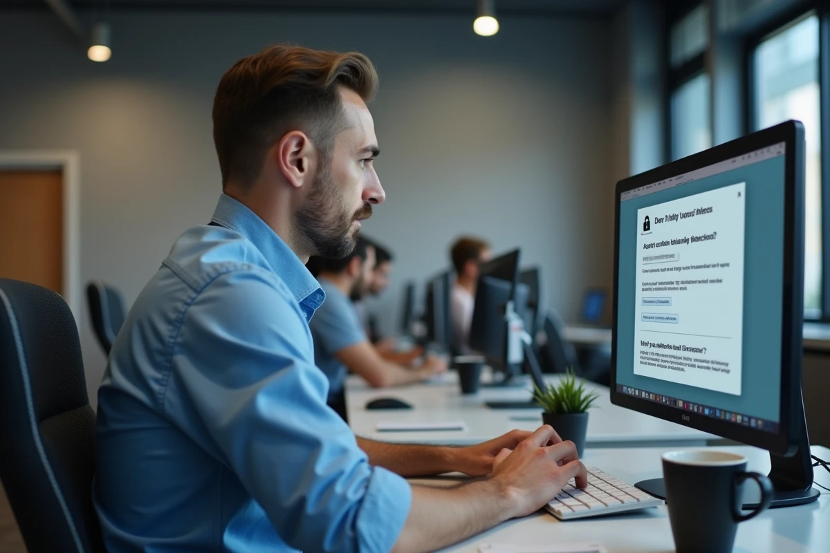 Homme en bureau professionnel bloqué sur une page de connexion ESALIA avec message d'erreur