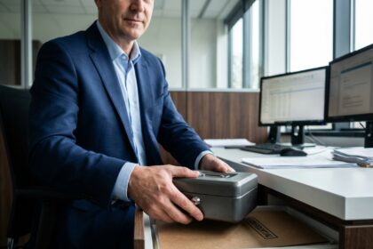 Homme d affaires en costume navy range une caisse forte