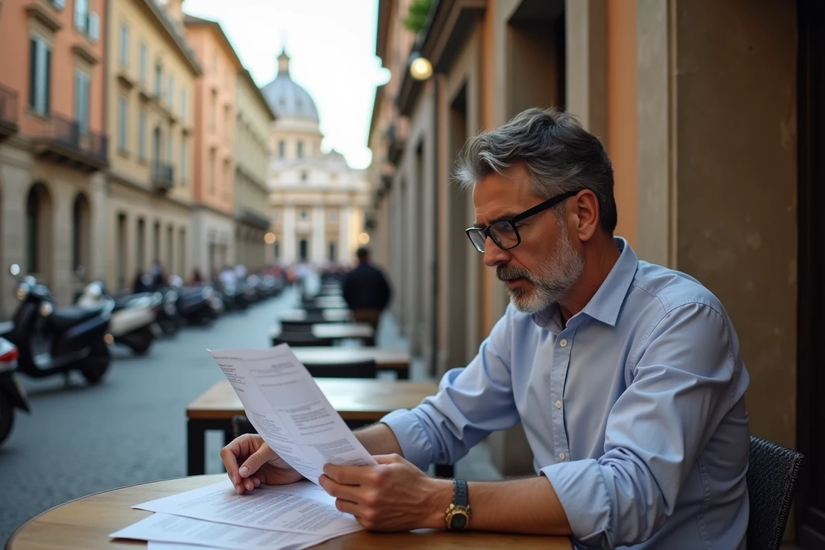 Homme lisant des documents en terrasse à Rome