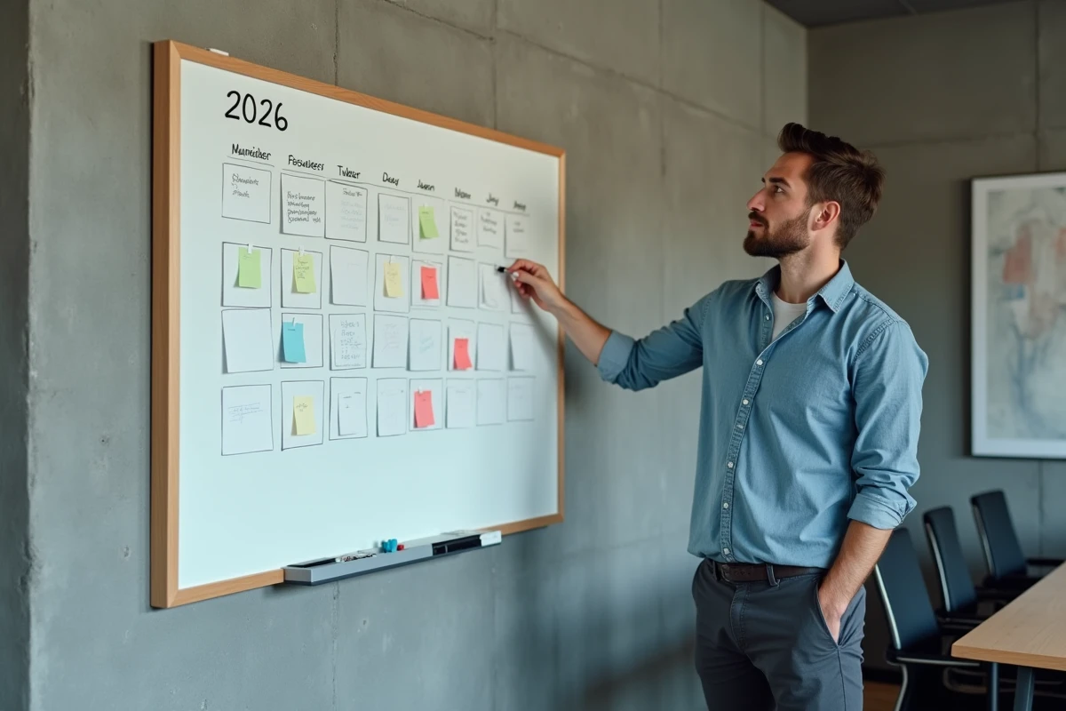 Homme organisant un calendrier mural 2026 avec des notes et marqueurs dans une salle de réunion