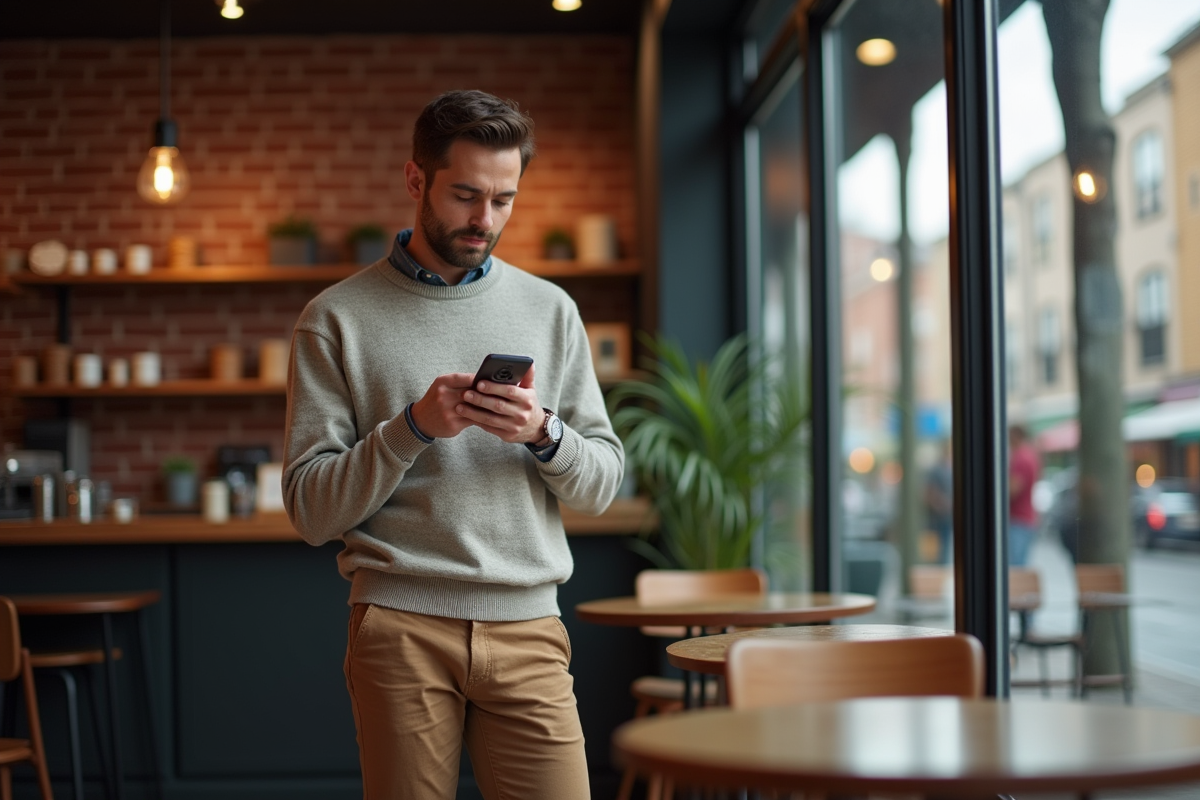 Homme décontracté vérifiant son smartphone au café