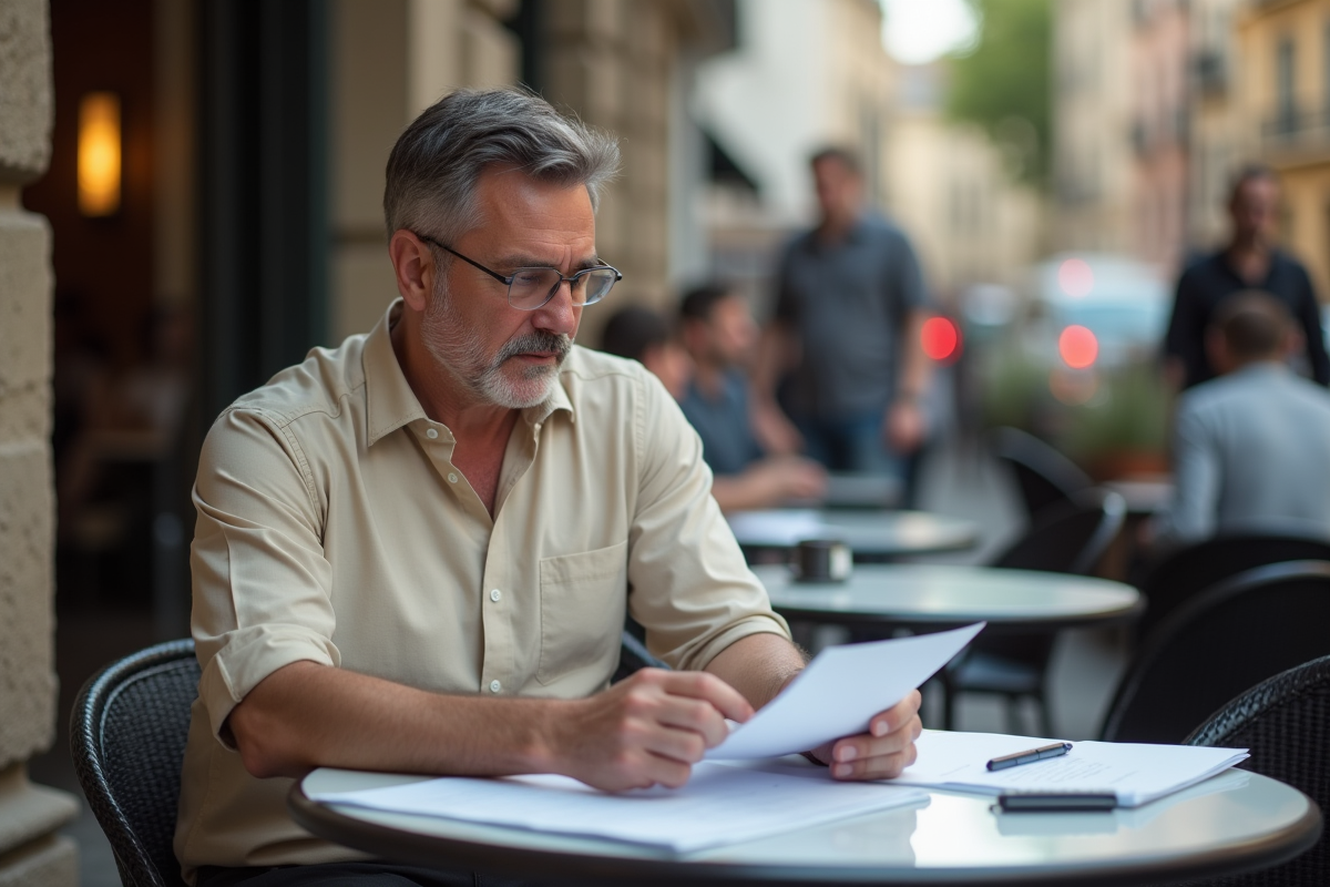 Homme d affaires en extérieur examine un dossier au café