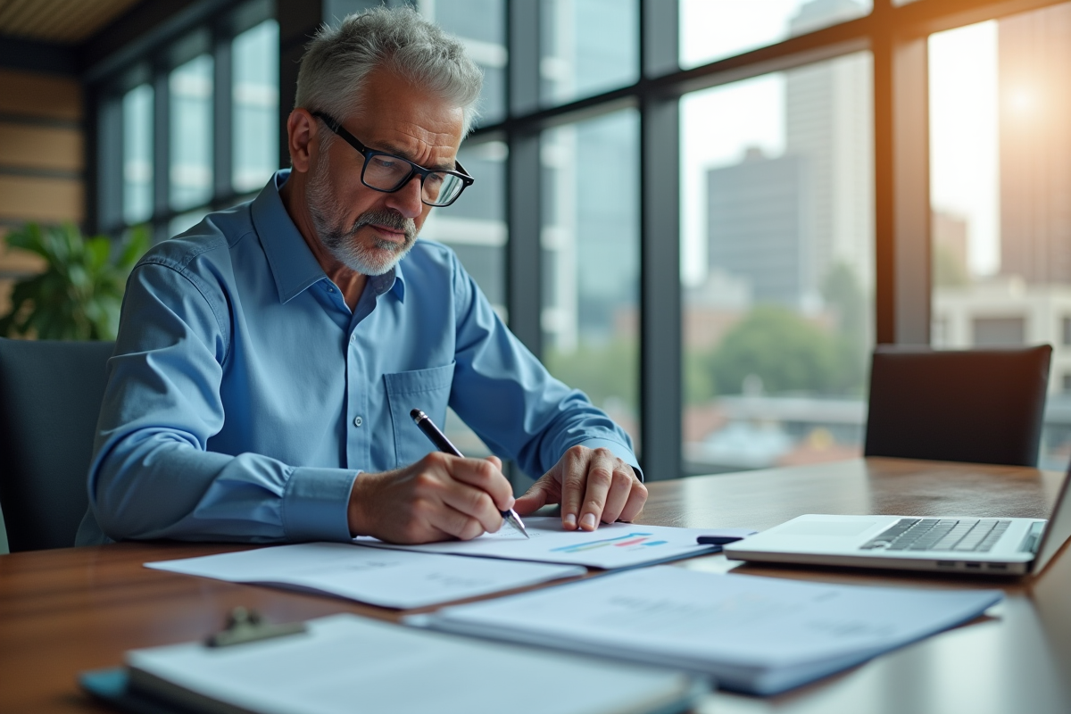 Homme d âge moyen examinant des documents comptables au bureau
