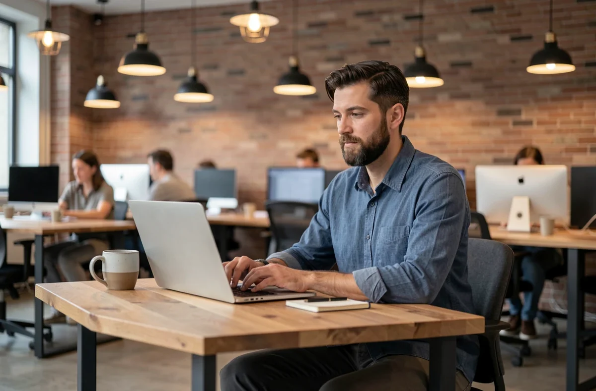 Homme en espace de coworking moderne travaillant à distance sur son ordinateur portable