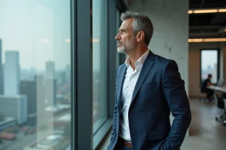 Homme d'affaires en costume regardant la ville