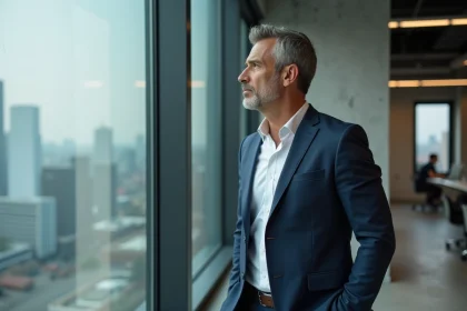 Homme d'affaires en costume regardant la ville