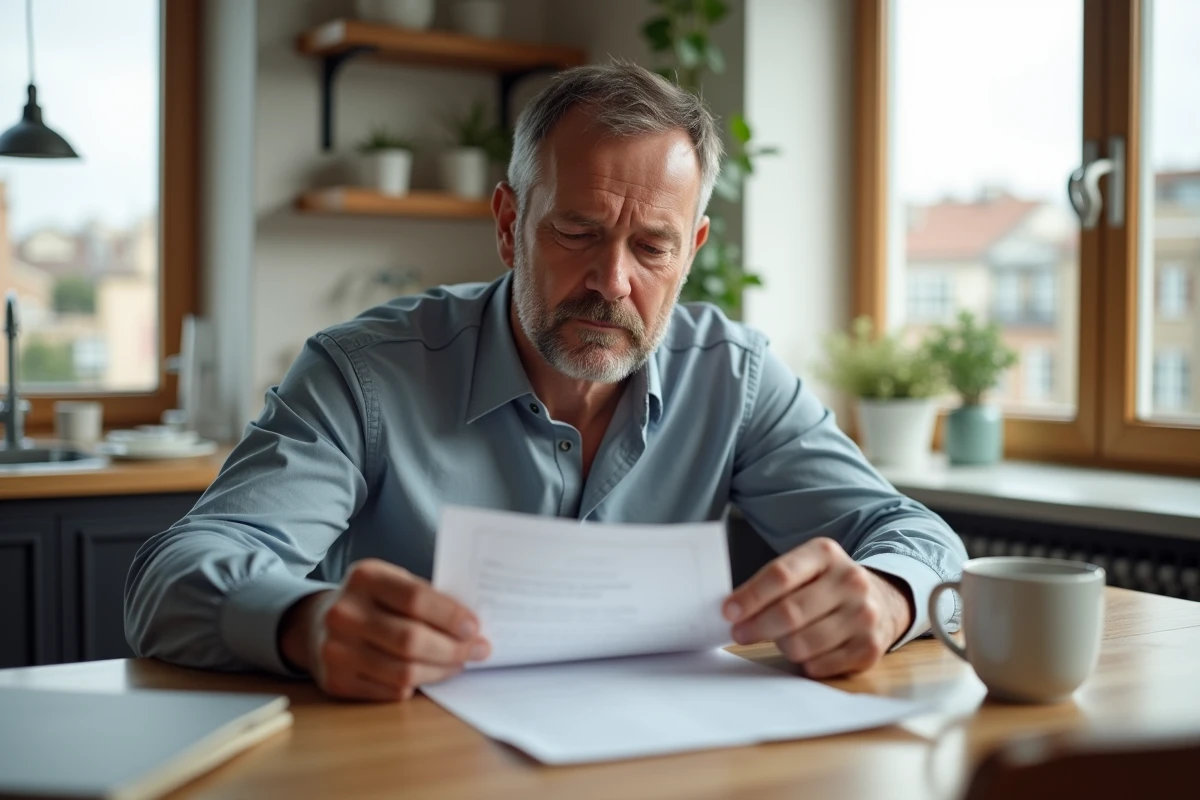 Homme tenant sa lettre de démission dans la cuisine