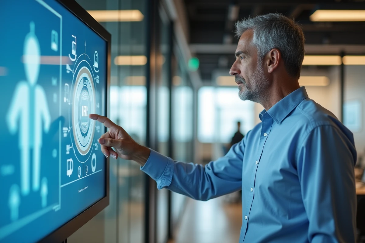 Homme en entreprise interagissant avec un écran tactile