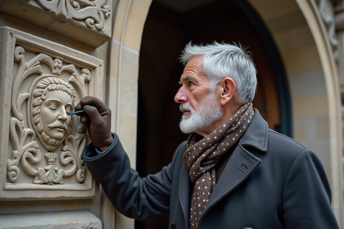 Homme âgé observant un emblème gravé sur une façade ancienne