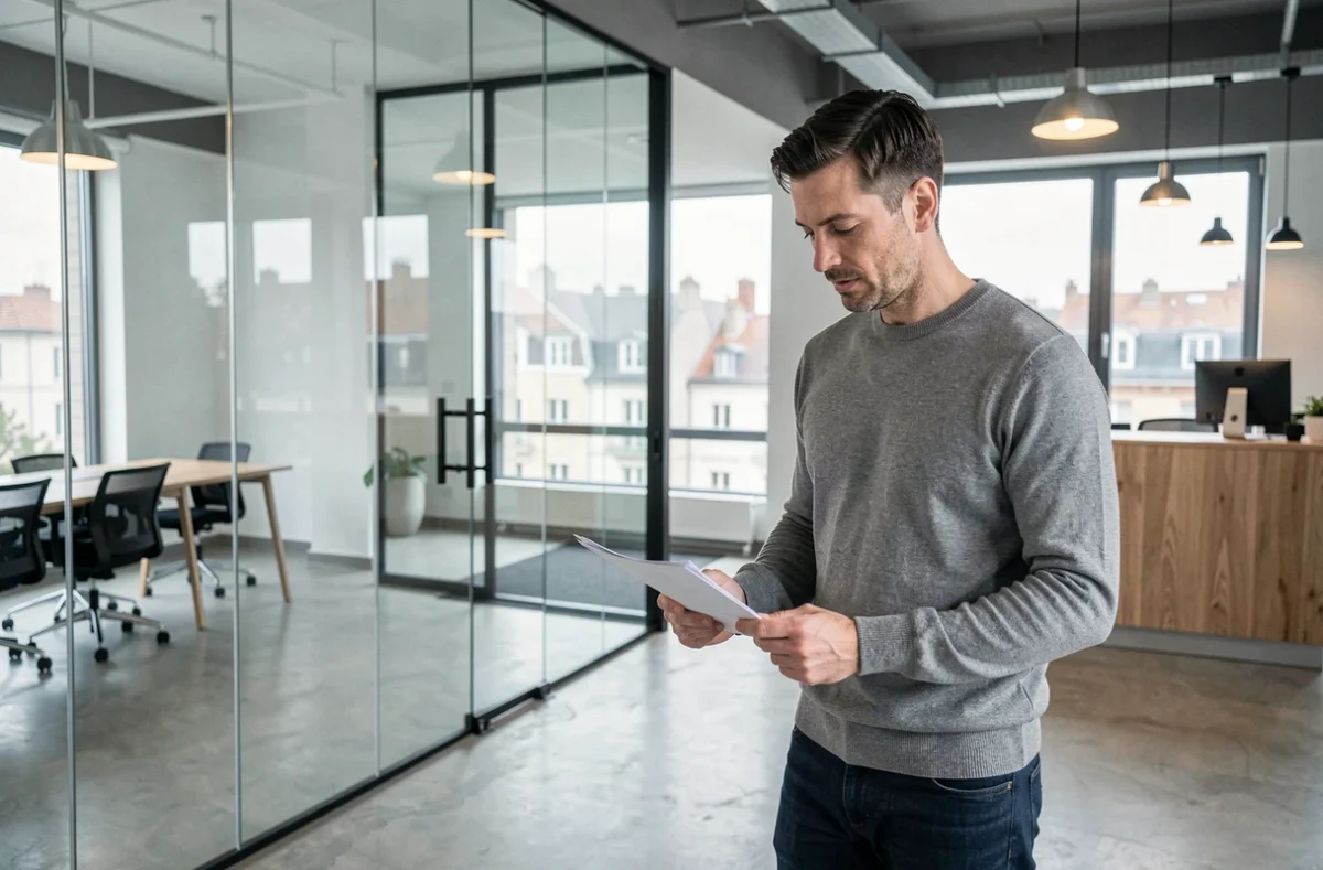 Homme consultant des documents dans un espace de coworking à Clermont-Ferrand avec salle de réunion vitrée et vue urbaine