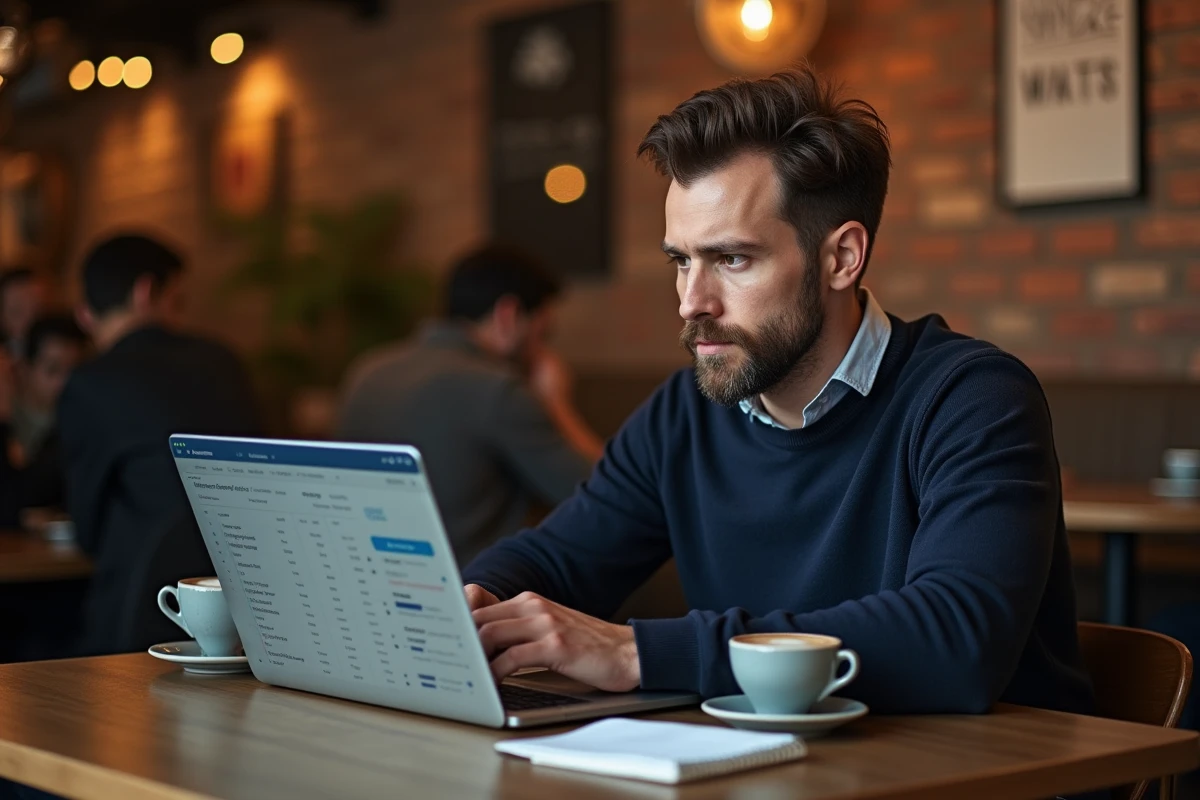 Homme consultant un tableau de données sur son ordinateur pour optimiser ses horaires de publication Instagram dans un café
