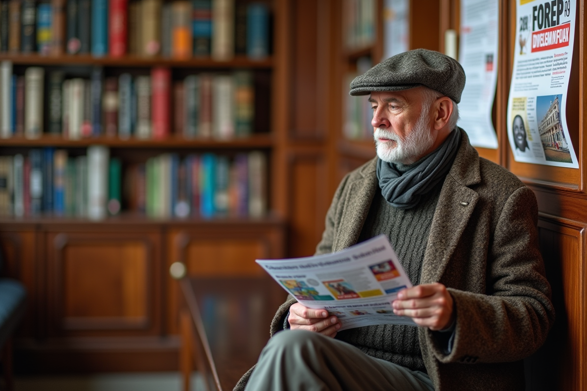 Homme âgé lisant une affiche dans une bibliothèque calme