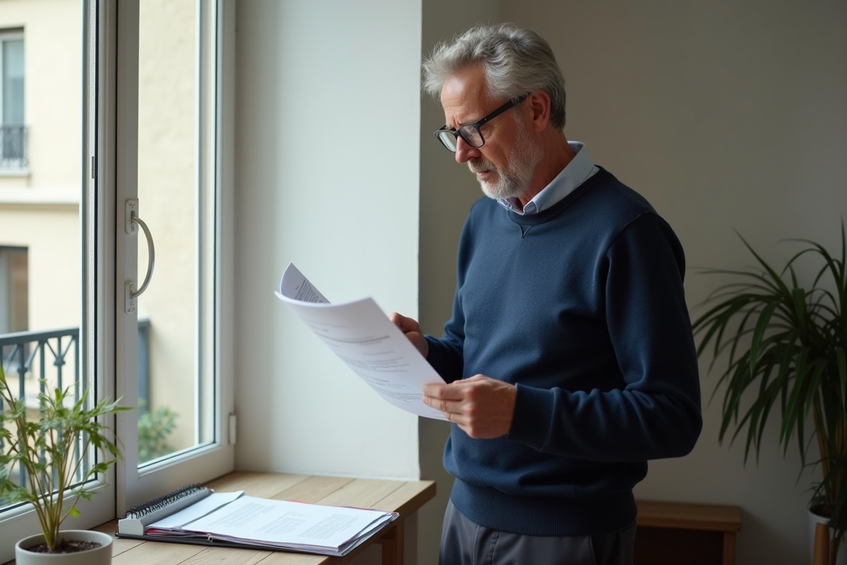 Homme lisant des documents dans un appartement parisien