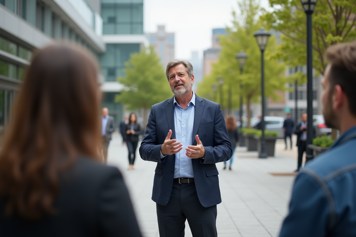 Homme confiant parlant en extérieur devant un groupe