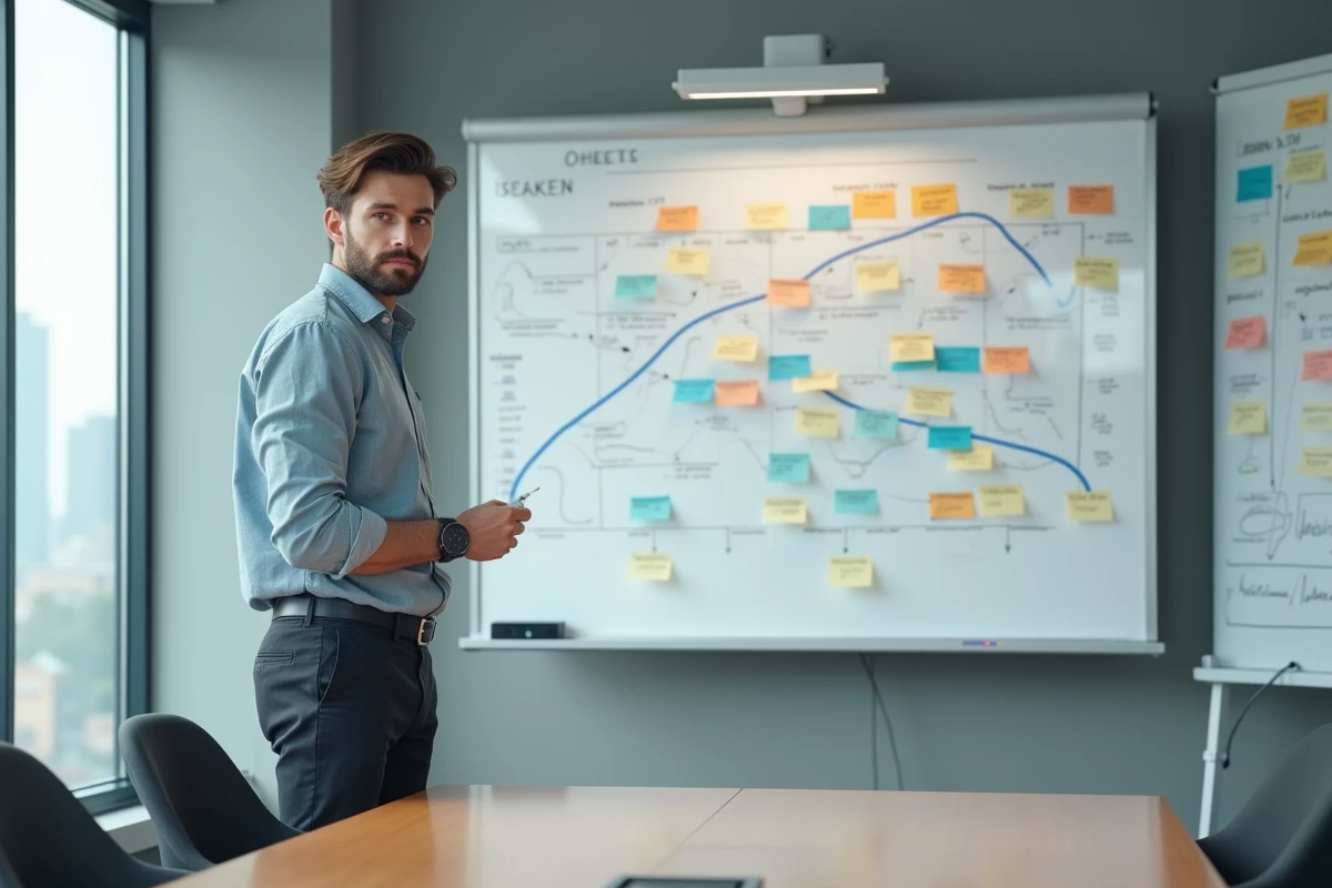 Jeune homme expliquant des projets devant un tableau blanc