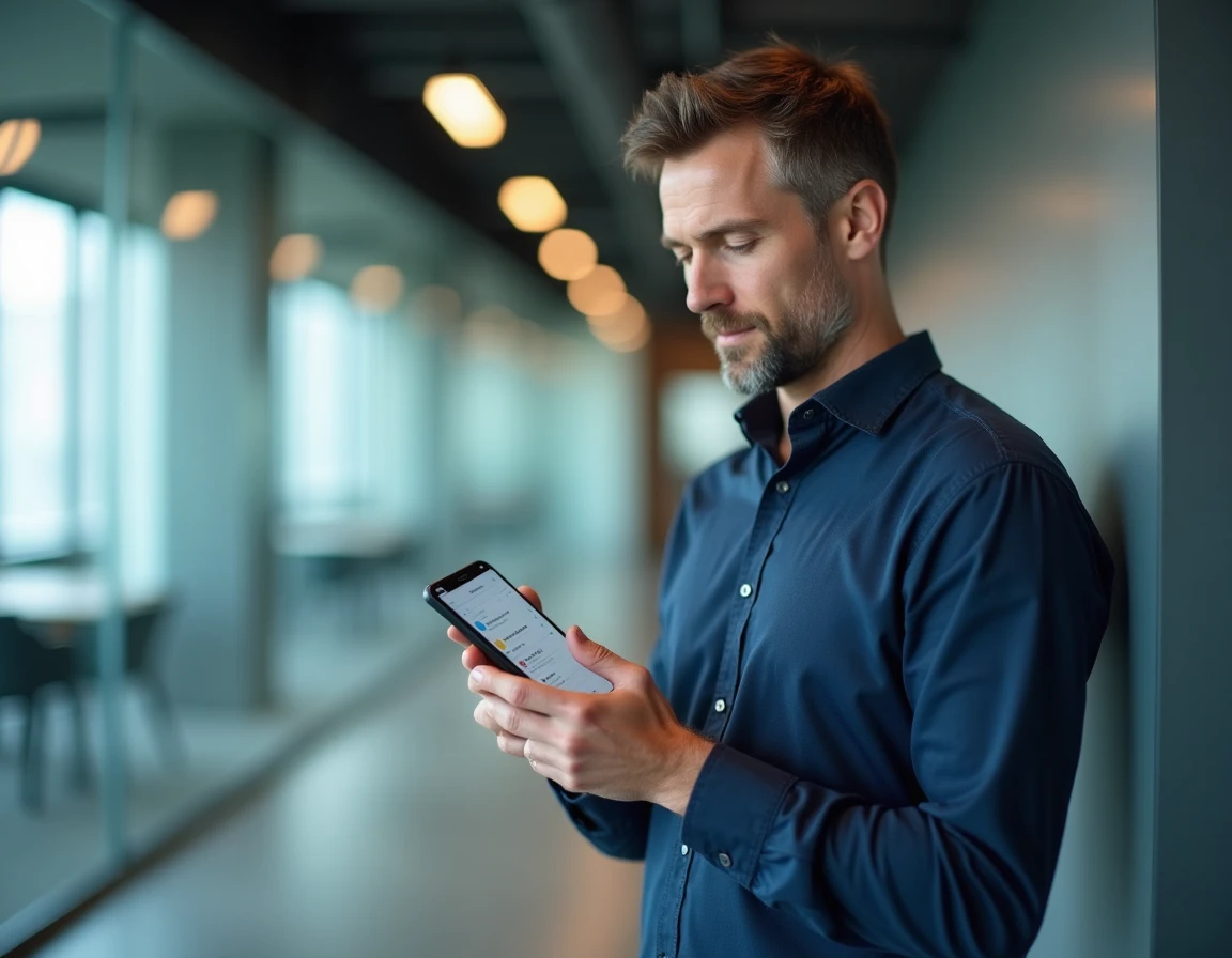 Homme consultant les paramètres de notifications de l'application RH People docs sur son smartphone en couloir d'entreprise