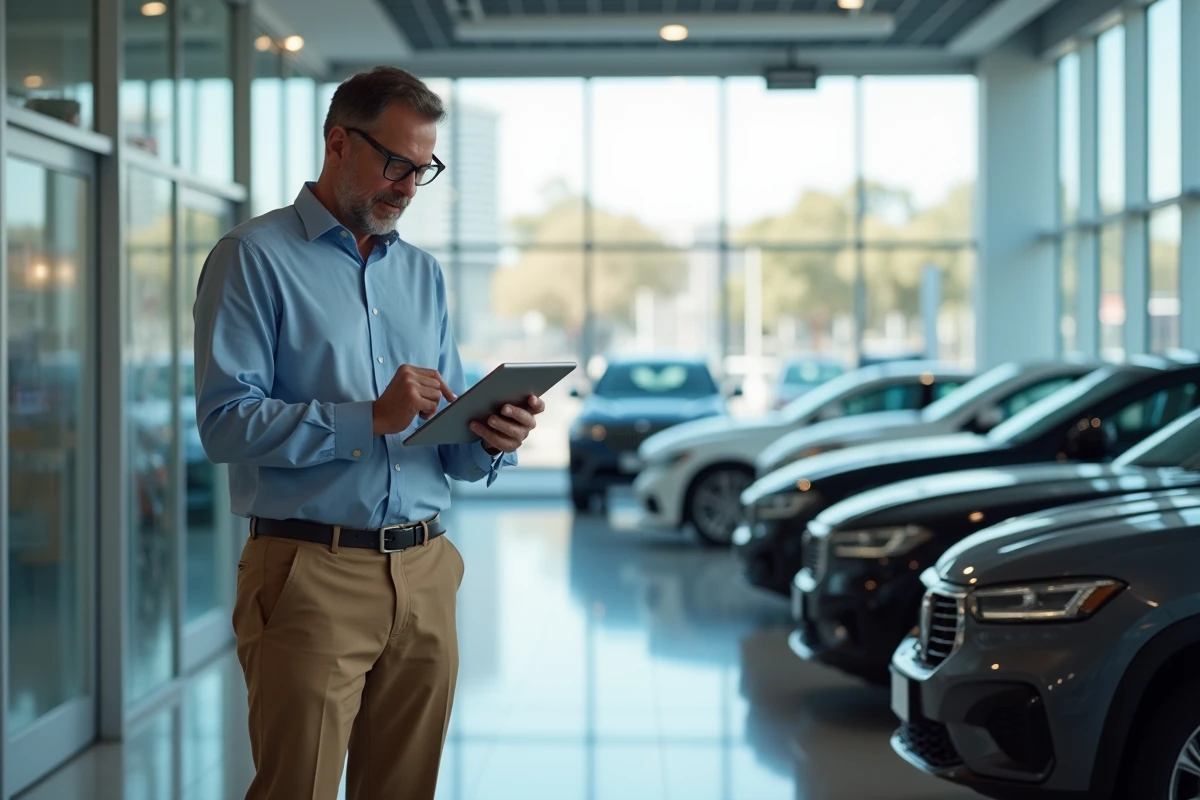 Homme d age moyen consultat une base auto dans un showroom moderne