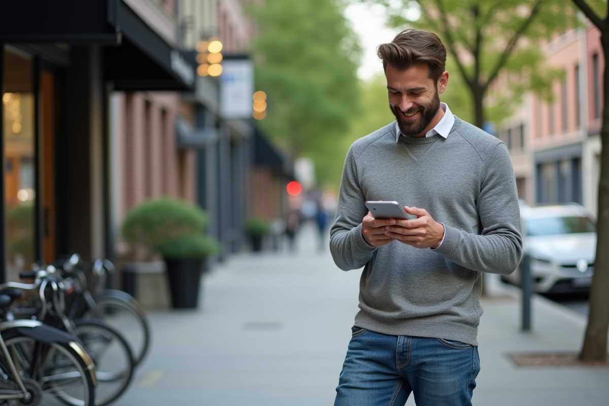 Homme dans la rue utilisant son smartphone