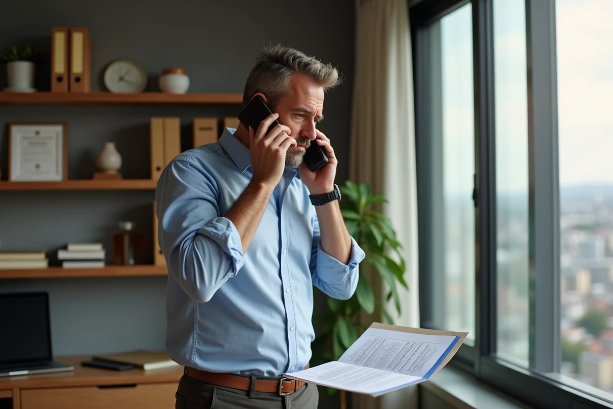 Homme d age moyen parle anxieusement au smartphone avec contrat en main