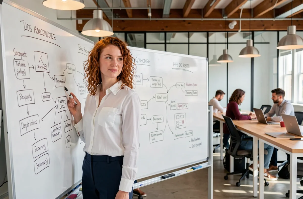 Consultante de l'agence Informacliq présentant un schéma UX sur un tableau blanc dans un espace de coworking moderne