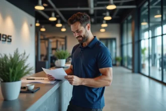 Employé Dassault consultant un formulaire d'inscription aux activités sportives du CSE au guichet d'un complexe sportif moderne