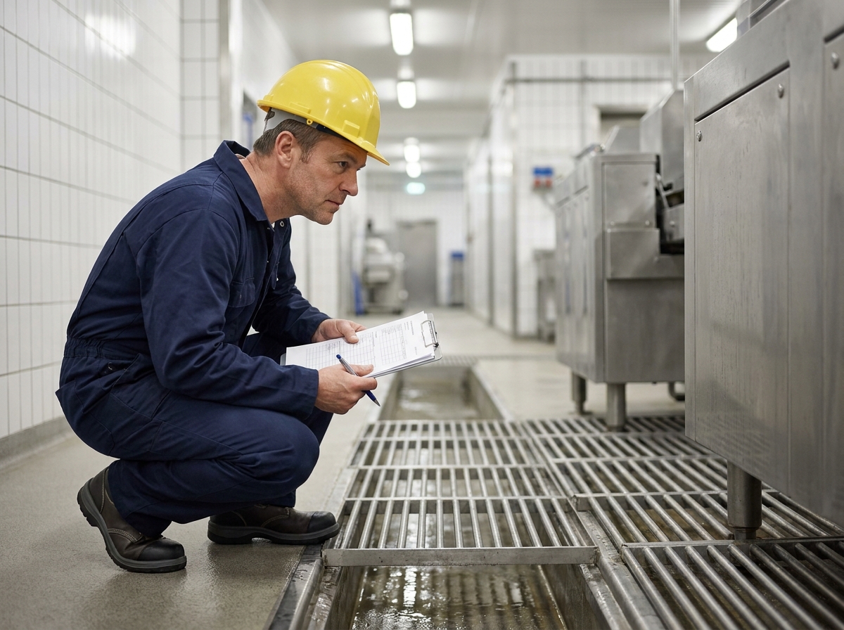 Technicien inspectant un caillebotis inox dans une unité de transformation alimentaire conforme aux normes d'hygiène