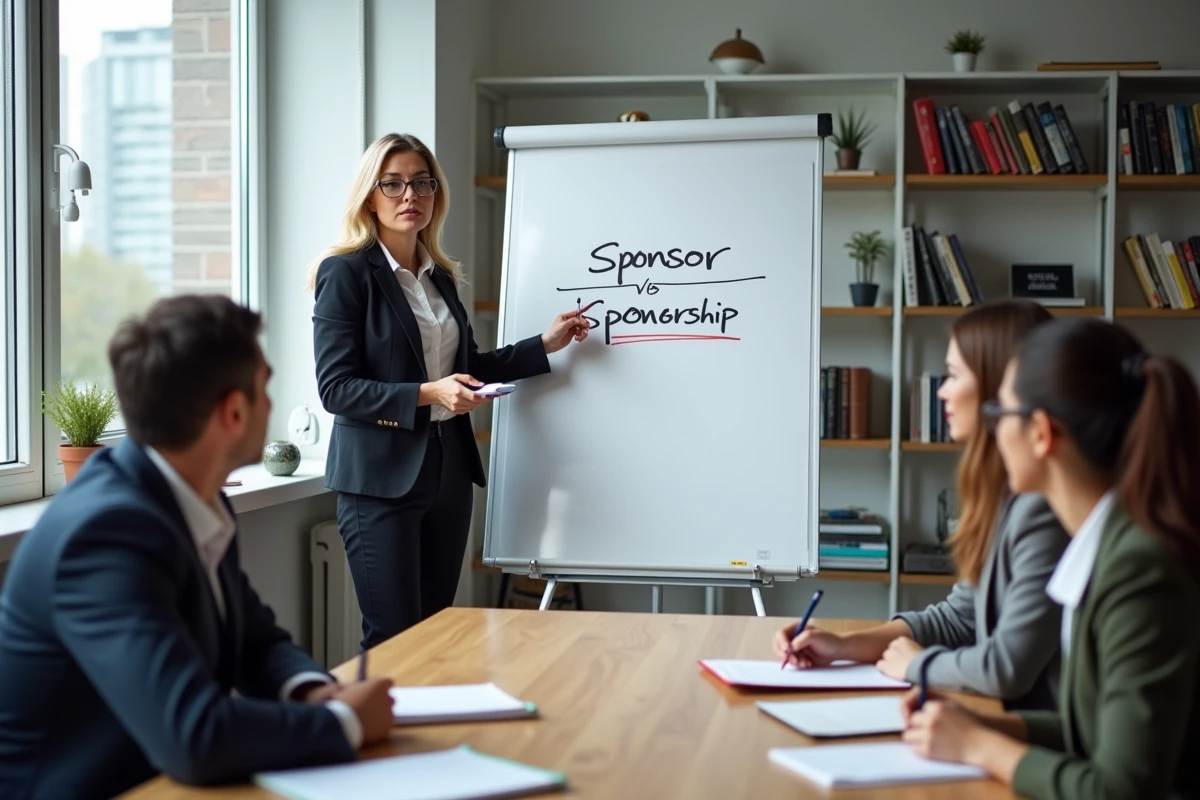 Instructrice marketing expliquant le sponsoring devant tableau blanc