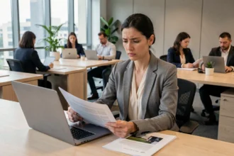 Femme intérimaire consultant ses droits CSE Arval dans un bureau moderne