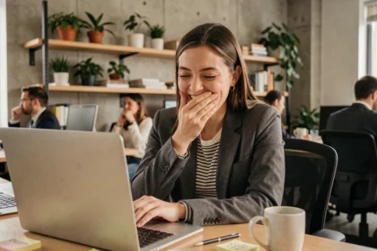Jeune femme active qui rit devant son ordinateur portable dans un bureau open space moderne