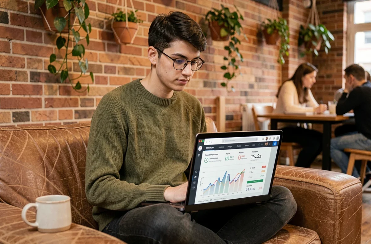 Jeune analyste data travaillant sur des indicateurs web analytics dans un co-working parisien